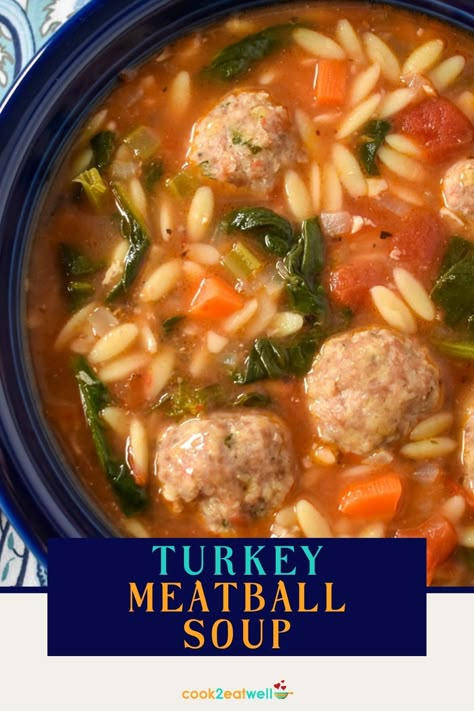 An image of the soup served in a blow bowl. Underneath the picture there is a dark blue graphic with the title in aqua and yellow letters. Breakfast Meatballs, Mini Turkey Meatballs, Meatballs Soup, Well Plated By Erin, Sausage Slow Cooker, January Meals, Easy Turkey Meatballs, Turkey Meatball Soup, Soup With Vegetables