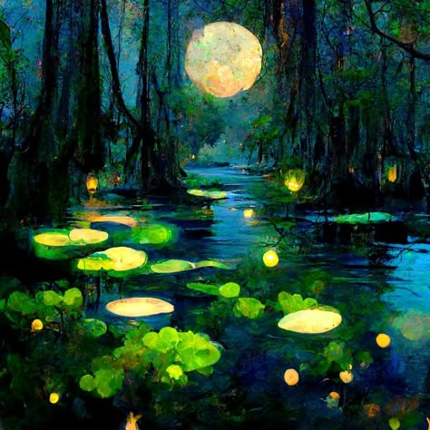 Forest Night Sky Painting, Pond At Night Aesthetic, Swamp Trees Drawing, Firefly Forest Painting, Forest Pond Art, Forest Pond Painting, Swamp Painting Easy, Enchanted Painting Ideas, Night Lake Painting