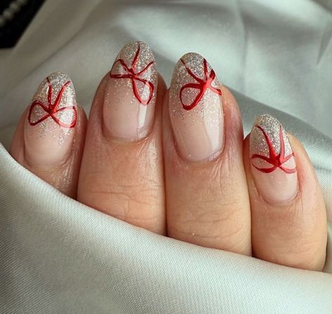 Red Ribbon Nails, Bow Design Nails, French Tip With Bow, Ribbon Nails, Christmas Winter Nails, Bow Nails, Spring Acrylic Nails, Bows Christmas, Cute Nails For Fall