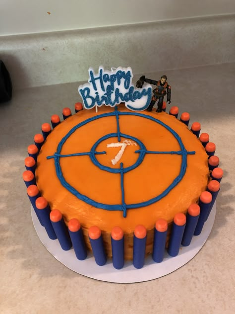 8 Yr Birthday Party Ideas Boy, Boys Nerf Birthday Party, Nerf Birthday Party Ideas Cake, Nerf Battle Birthday Party, 7th Birthday Boy Ideas, Nerf Cakes For Boys, 7th Birthday Cake Boys, 8 Year Birthday Ideas Boy, Nerf Birthday Party Ideas Food