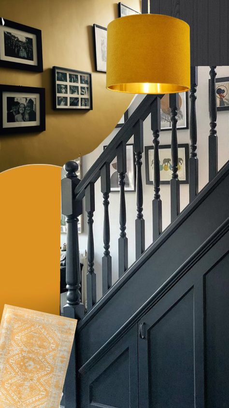 #HallwayInspo#hall #entryway #homedecor #interiordesign #interiors #blackbanister #blackpaint #mustard Yellow And Black Hallway, Mustard Hallway, Dark Blue Hallway, Dream Hallway, Black Banister, Yellow Hallway, Scandi Hallway, Black Hallway, Blue Hallway