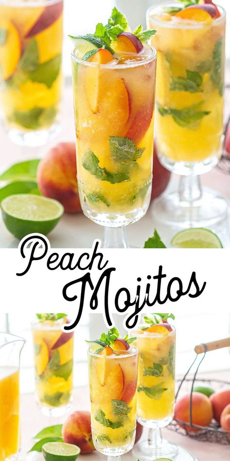 peach mojitos Peach Mojito, Mojito Drink, Drinks Juice, Cocktail Drinks Alcoholic, Summer Eats, Mojito Cocktail, Mojito Recipe, Seasonal Produce, Rum Cocktails