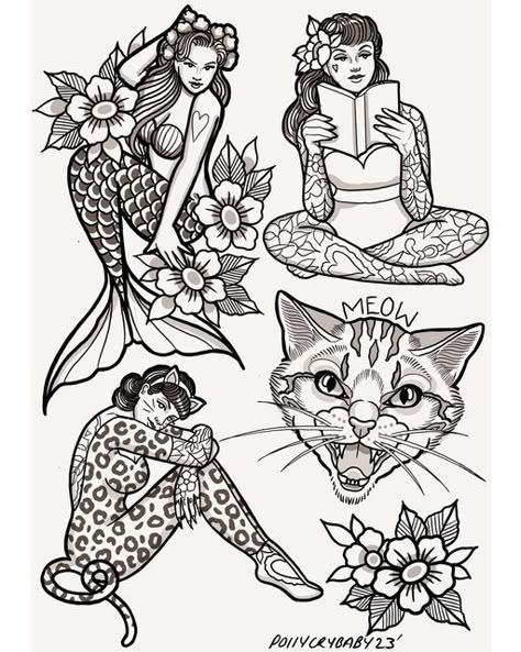 Polly on Instagram: "All available. Email if you’re interested ❤️❤️" Pin Up Mermaid Tattoo, Mermaid Tattoo Ideas, Tattoo Pin Up, Tattoo Doodles, Pin Up Tattoo, Traditional Tattoo Old School, American Traditional Tattoo Ideas, Traditional Tattoo Ideas, Armband Tattoos