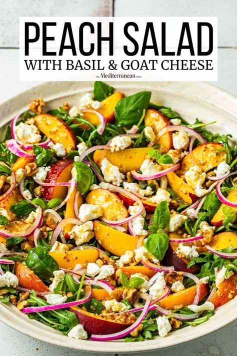 Peach salad with goat cheese, arugula, and basil is the sweet and savory summer salad recipe that will have your taste buds singing. Peach Feta Salad Recipes, Peach Basil Salad, Salad With Peaches And Feta, Grilled Peach Salad Recipes, Nectarine Goat Cheese Salad, Savory Peach Recipes, Peach Treats, Salads Mediterranean, Recipes With Peaches