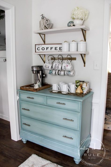 Morning Room Decor, Aqua Dresser, Bars In Kitchen, Diy Coffee Station, Coffee Bar Station, Farmhouse Coffee Bar, Diy Coffee Bar, Coffee Bar Design, Coffee Stations