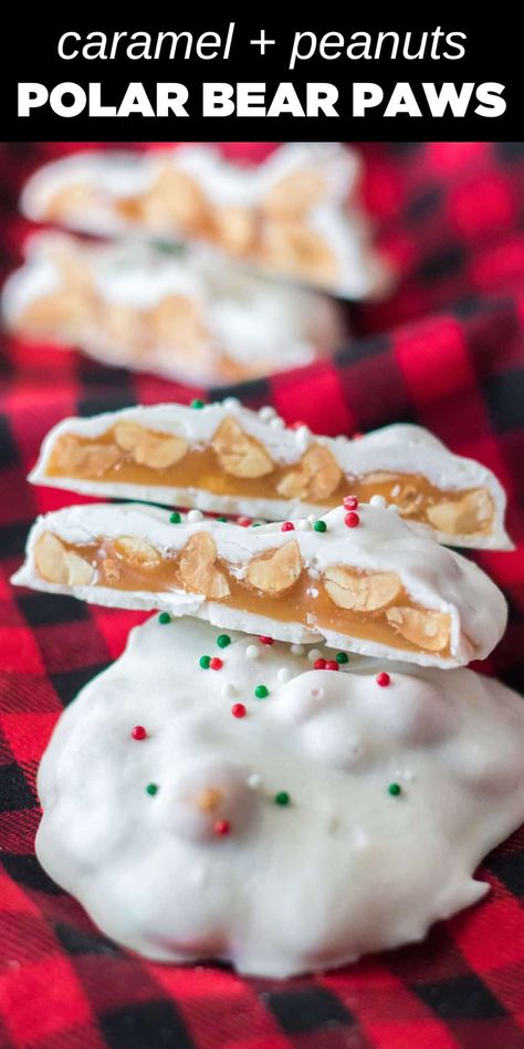 Polar Bear Paws Candy Christmas Candy Using White Chocolate, Polar Paws Candy, Polar Bear Candy White Chocolate, Polar Bear Claws Recipe, Polar Bear Candy, White Chocolate Bear Claws, Craft Party Food Ideas, The Kitchen Is My Playground Recipes, Polar Bear Paw Cookies