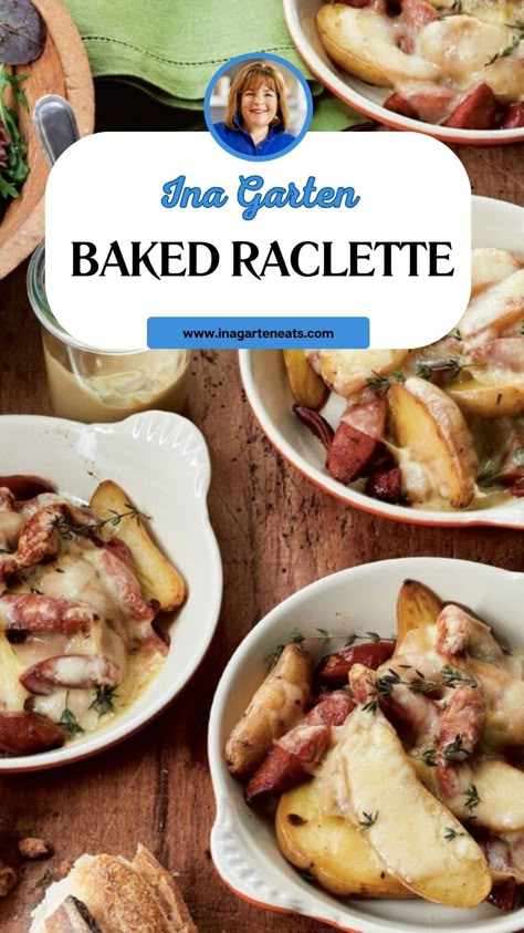 Ina Garten Baked Raclette Raclette Potatoes Recipe, Raclette Cheese Potatoes, Raclette Ideas Dinner Parties, Ina Garten Dinner, Raclette Recipes Dinners, Raclette Dinner Party, Raclette Ideas, Potato Meals, Confit Potatoes