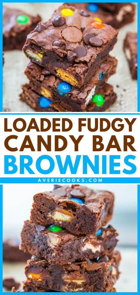 Brownie Candy Bar Recipe, Brownies With Candy Bars, Halloween Candy Brownies, Brownies With Candy Bars In The Middle, Boxed Brownie Mix Recipes, Loaded Brownies, Brownie Mix Desserts, Candy Bar Desserts, Candy Bar Brownies