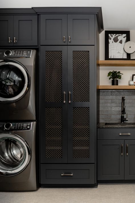 Woodcrest Drive - Transitional - Laundry Room - Minneapolis - by Oak & Arrow Homes | Houzz Restoration Hardware Laundry Room, Mudroom Laundry Room Closet Ideas, Laundry Room New Build, Refrigerator In Laundry Room, 6x10 Laundry Room, Glamorous Laundry Room, Laundry Room Dark Cabinets, Dark Cabinets Laundry Room, Tricorn Black Laundry Room