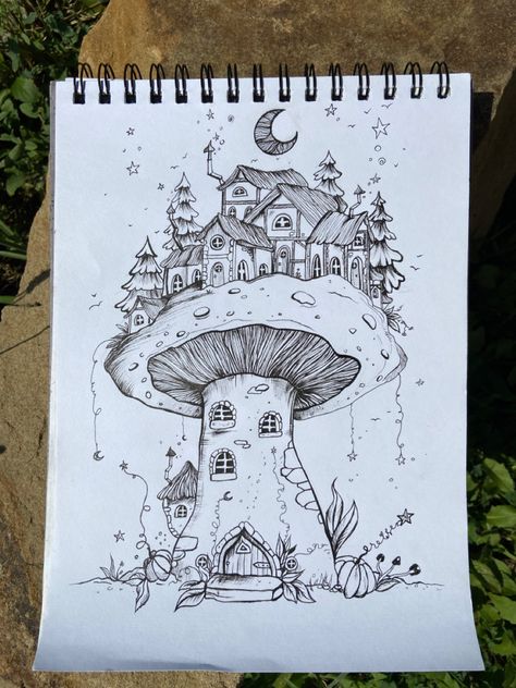 Cool Plant Drawings, Unique Small Drawings, Mashrooms Drawing Aesthetic, Earthy Drawings, Full Page Drawings, White Drawing, Unique Drawings, Mushroom House, Easy Drawings Sketches