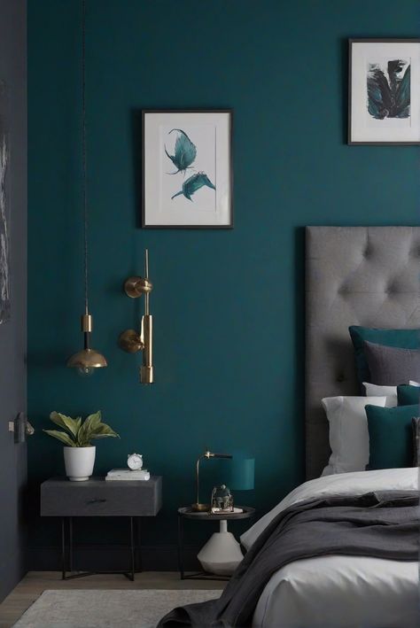 dark teal wall paint, bedroom decor, trendy decor option, interior design	Color	match paint, wall painting, interior decor, space planning Teal Wall Bedroom Decor, Sw Dark Teal Paint Colors, Teal Bedroom Wall Ideas, Behr Deep Teal Paint Colors, Black Ceiling Teal Walls, Black And Teal Bedroom Decor, Peacock Blue Bedroom Walls, Dark Teal And Gray Bedroom, Teal Wall Paint Ideas