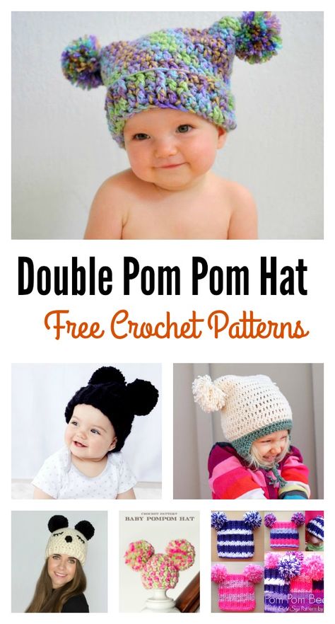 Double Pom Pom Hat Free Crochet Patterns for Beginners #Freepattern #Crochet #Hat #beginner Crochet Baby Ideas, Free Crochet Patterns For Beginners, Crochet Patterns For Baby, Crochet Hat For Beginners, Crochet Baby Hat Patterns, Crochet Kids Hats, Crochet Patterns Free Beginner, Crochet Hat Patterns, Crochet Beanies