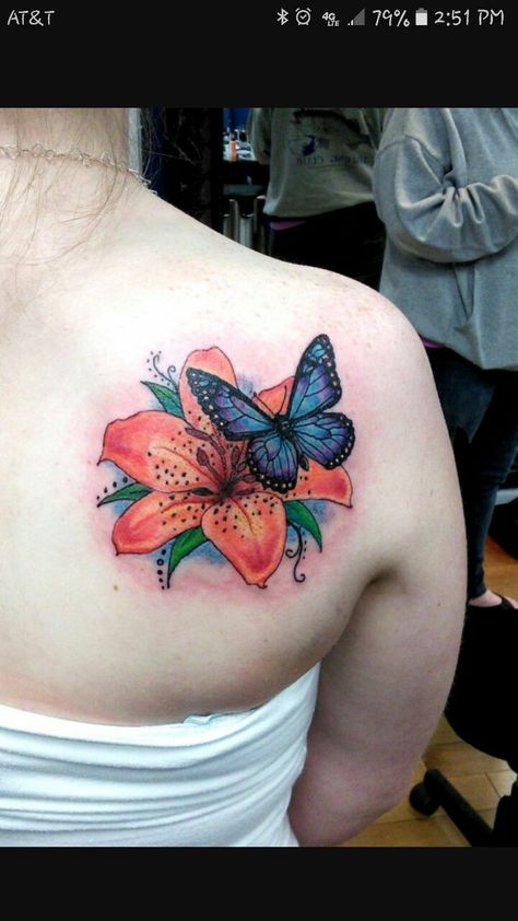 I like this blue butterfly Butterfly With Flowers Tattoo, 3d Butterfly Tattoo, Unique Butterfly Tattoos, Butterfly Tattoo On Shoulder, Butterfly Back Tattoo, Small Butterfly Tattoo, Butterfly Tattoos For Women, Flower Tattoo Shoulder, Back Of Shoulder Tattoo