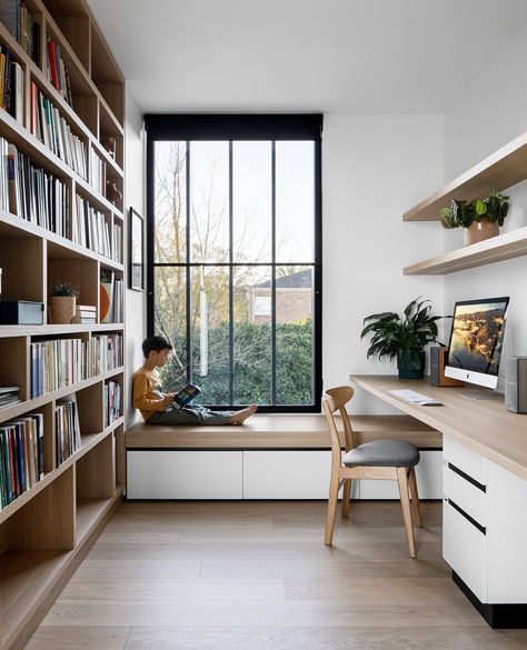 Dream home office setup at our Dickens St Residence featuring a window seat/reading nook for kids, ample built in shelving and warm timber… | Instagram Home Study Rooms, Window Seat Design, Modern Home Offices, Study Room Design, Small Home Offices, Office Nook, Office Guest Room, Guest Room Office, Built In Desk