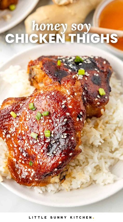 Honey Soy Chicken Thighs, baked in a sweet and savory honey, garlic, and soy marinade, are juicy, delicious, and super simple to prepare. Chinese Chicken Thigh Recipes, Honey Soy Chicken Marinade, Honey Soy Chicken Thighs, Thigh Marinade, Honey Chicken Thighs, Chicken Thighs Baked, Honey Mustard Chicken Thighs, Chicken Thigh Marinade, Honey Garlic Chicken Thighs