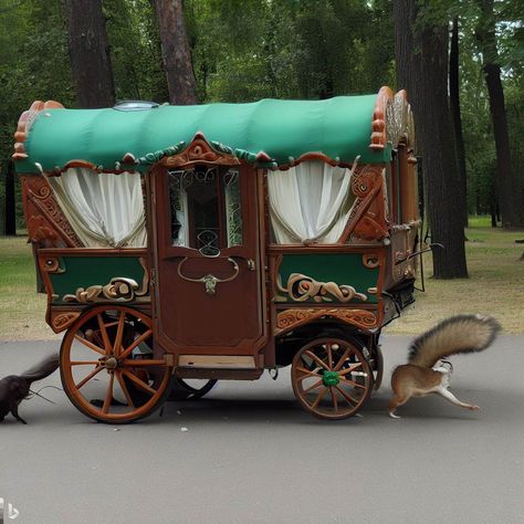 When traveling a long distance, faeries and elves use caravan wagons to haul their belongings and have as a place to rest. They are pulled by chipmunks or squirrels. Fantasy Caravan Concept Art, Wagon Parade Float Ideas, Moth Video, Merchant Wagon, Fantasy Caravan, Steampunk Moodboard, Circus Trailer, Caravan Wagon, Funky Buildings