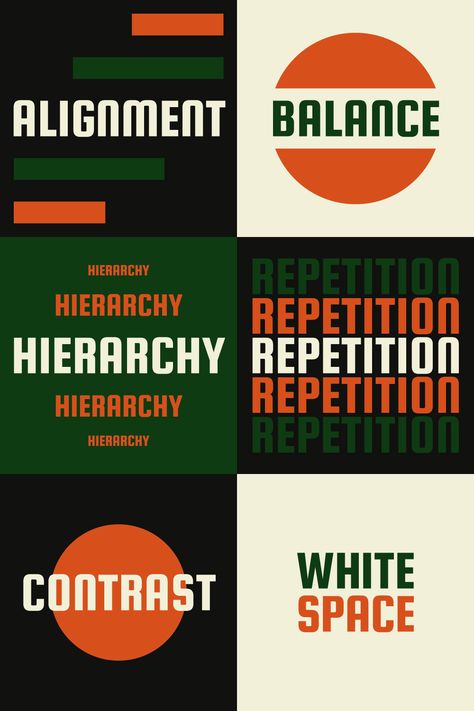 Contrast Graphic Design Principle, Design Process Poster, Poster Design Principles, Balance In Design Principles, Visual Hierarchy Examples, Canva Style Idea, Graphic Communication Design, Graphic Design Hierarchy, Educational Slides Design