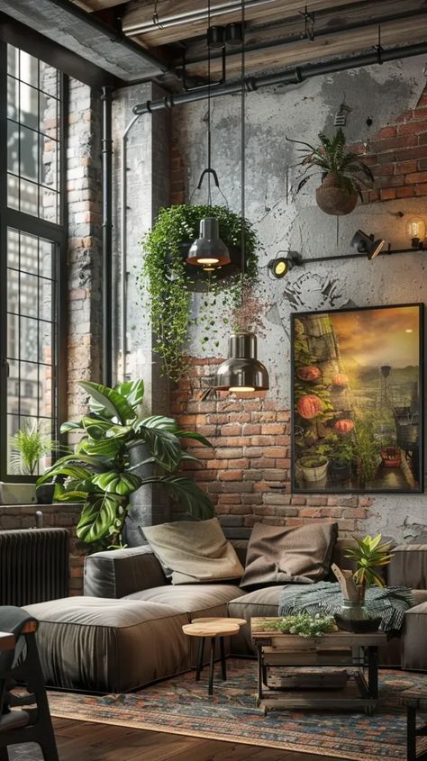 Discover how to create an industrial living room with exposed structures, neutral colors, and practical furniture. Industrial Style Living Room, Industrial Living Room, Industrial Room, Practical Furniture, Industrial Chic Design, Industrial Style Interior, Brick Interior, Room Vibes, Loft Ideas