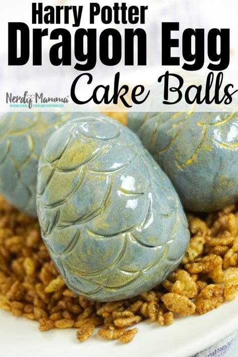 My kiddo asked for a dinosaur and dragon egg nest for her birthday party. How could I not deliver?! So I made these amazing Harry Potter Dragon Egg Cake Balls! #harrypotter #got #dragonegg #draton #cakeball #cake #cakedecorating #nerdymammablog Dragon Egg Cupcakes, Dragon Egg Cake, Dragon Snacks, Camp Desserts, Dayhome Ideas, Got Dragon Eggs, Game Of Thrones Food, Game Of Thrones Khaleesi, Harry Potter Dragon