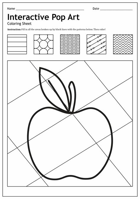 Interactive Pop Art Coloring Sheet Sen Art Activities, Zentangle Worksheet, Op Art For Kids, Line Art Lesson, Elementary Art Lessons, Art Sub Lessons, Art Sub Plans, Art Handouts, Pop Art For Kids