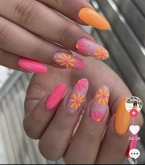 Pink And Orange Nails, Unghie Nail Art, Orange Nail, Spring Acrylic Nails, Daisy Nails, Summery Nails, Cute Summer Nails, Neon Nails, Orange Nails