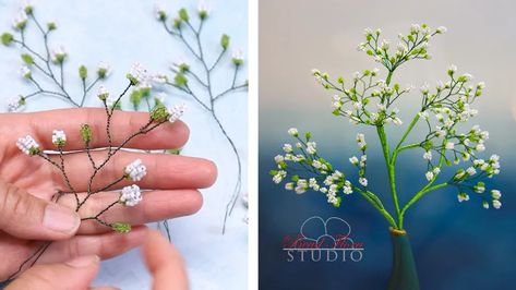 French beaded baby's breath, Gypsophila | Bead Flora Studio Sunflower Jewelry Diy, French Beaded Flowers Tutorial, French Beading, Beaded Bouquet, Beaded Projects, Bead Flowers, Beaded Flowers Patterns, Seed Bead Flowers, French Beaded Flowers