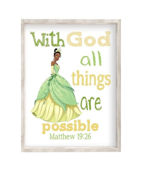 Amazon.com: Tiana Princess Christian Nursery Decor Unframed Print - With God All Things Are Possible Matthew 19:26 : Handmade Products Princess Tiana Room Decor, Princess Tiana Room, Princess And The Frog Nursery, Princess Nursery Theme, Frog Bedroom, Frog Nursery, Girls Princess Room, Sanctuary Decor, Christian Nursery Decor