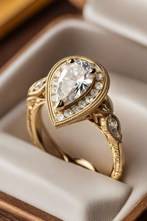 Delve into the charm of yesteryear with the Unique Vintage Halo Pear Diamond Engagement Ring, set in warm yellow gold and adorned with intricate milgrain detailing. This exquisite ring combines a pear-shaped diamond with a halo of smaller diamonds, exuding an air of sophistication and vintage elegance. Click to learn more about this stunning piece, prominently featured as number two in our list of 27 best pear engagement rings, and see how it captures the essence of antique glamour. Pear Diamond Gold Engagement Ring, Pear Shaped Vintage Rings, Vintage Inspired Pear Engagement Ring, Pear Starburst Engagement Ring, Yellow Pear Shaped Diamond Ring, Unique Ring Designs Vintage, Unique Pear Engagement Ring Vintage, Vintage Pear Ring, Teardrop Engagement Ring Gold