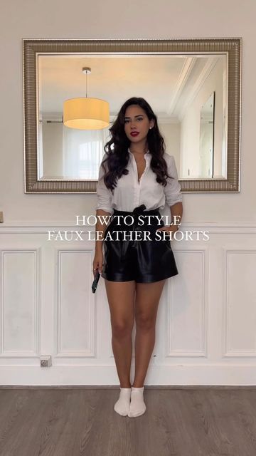 🧿 Chryssa 🧿 on Instagram: "HOW TO STYLE FAUX LEATHER SHORTS FOR FALL!🍂 // I love love love these leather shorts so much! And the weather is so weird it’s kinda hot rn! So here’s 3 outfits with leather shorts🖤 Which one would you wear?🖤✨  REFS LOOK1: Faux leather shorts: 123573472 @asos (wearing a size S) Black sweater: 3859/144 @zara (wearing a size S) Polka dots tights: MODC1210 @calzedonia Black blazer: 1255/005 @zara (wearing a size S) Shoes: 1924819 @asos Bag: TEMI164N01 @letanneur LOOK Womens Leather Shorts Outfit, Leather Shorts And Sweater Outfit, Leather Shorts And Sneakers Outfit, How To Wear Leather Shorts, Black Shorts Winter Outfit, Faux Leather Shorts Outfit Fall, Black Shorts Outfit Winter, Black Leather Shorts Outfit Winter, Leather Shorts And Tights Outfit