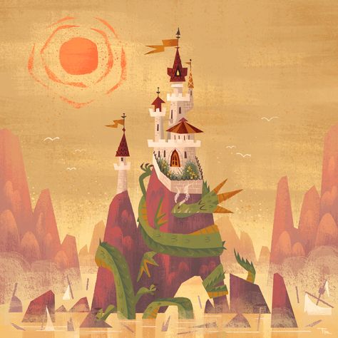 Princess And Dragon Illustration, Princess Castle Illustration, Castles Illustration, Knights Illustration, Illustration Castle, Princess And Dragon, Dragon And Castle, Cute Castle, Dragon And Princess