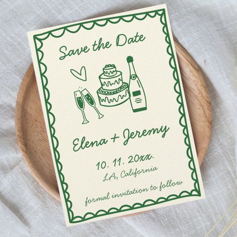 Hand Illustrated Vintage Colorful Green Wedding Save The Date Green Wedding Save The Date, Sabe The Date, Hand Drawn Wedding, Save The Date Designs, Fun Wedding Invitations, Save The Date Card, Whimsical Wedding, Wedding Save The Date, Wedding Mood Board