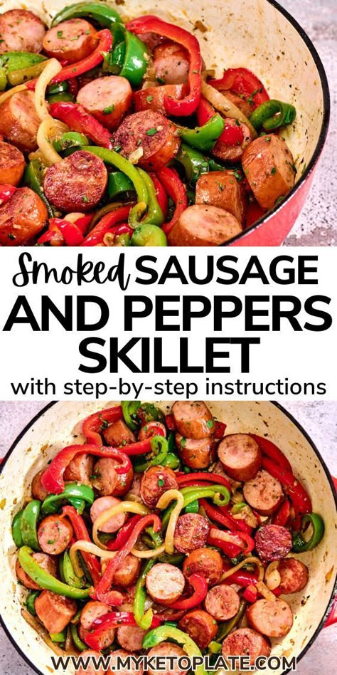 This smoked sausage and peppers skillet is a tasty and speedy meal that's ready in just 30 minutes. It's perfect for a quick and nutritious dinner option. Once you try making this dish, you'll find it's effortless—just prep the ingredients and cook them all together in one skillet. Sausage Skillet Healthy, Sausage Peppers And Mushrooms, Healthy Spicy Sausage Recipes, Smoked Sausage And Peppers Recipes, Bell Peppers And Sausage, Smoked Sausage With Peppers And Onions, Skinless Smoked Sausage Recipes, Smoked Sausage Recipes For Dinner, Turkey Smoked Sausage Recipes Healthy