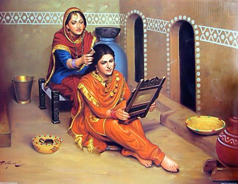 Punjabi culture is the epitome of life in the Punjab region of Pakistan. The culture itself dates back decades and is very rich. It comprises of written literature, arts, cuisine, military warfare, traditions, architecture and spoken language. The scope, density and history of its culture are rather vast. Rangla Punjab, Punjabi Art, Punjab Culture, Village Scene Drawing, Punjabi Virsa, भारतीय इतिहास, Pakistani Art, Rajasthani Painting, Pakistan Culture