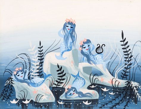 PETER PAN MERMAIDS, 1953, Mary Blair for Disney, Gouache on board, Concept painting. Disney Gouache, Peter Pan Concept Art, Blair Illustration, Mary Blair Illustration, Peter Pan Mermaids, Mary Blair Art, Blair Art, Concept Painting, Peter Pan 1953