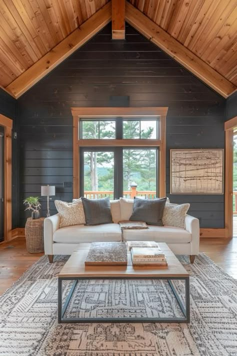 Dark Wood Shiplap Wall, Cabin Interior Wall Ideas, Stained Paneling Walls, Modern Cozy Cabin Interior, Half Log Interior Walls, Decorating Shiplap Walls, Dark Shiplap Half Wall, Sunroom With Wood Ceiling, Shiplap Cabin Walls