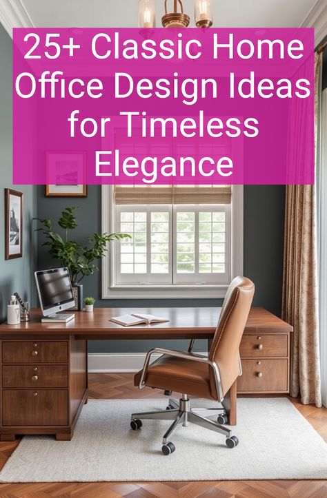 25+ Classic Home Office Design Ideas for Timeless Elegance Transitional Home Office Design, Elegant Office Design, Classic Home Office, Refined Furniture, Large Wooden Desk, Office Inspiration Workspaces, Minimalist Desk Lamp, Dark Wood Desk, Transitional Home Office