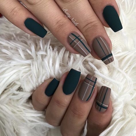 Matte Nail Art Designs, Plaid Nail Designs, Matte Nail Art, Matte Nail, Fall Nail Ideas, Plaid Nails, Matte Nails Design, Work Nails, Fall Acrylic Nails