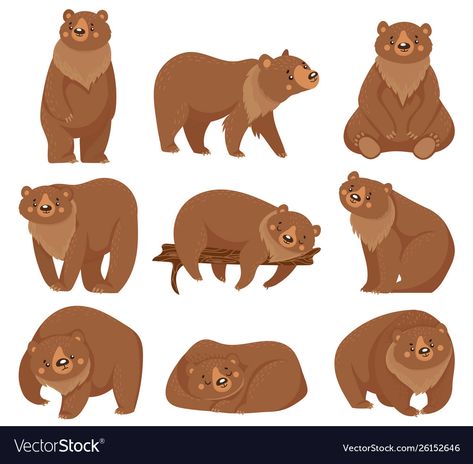 Bear Cartoon Drawing, Brown Bear Cartoon, Brown Bear Illustration, Bear Character Design, Sitting Bear, Animal Poses, Bear Vector, Grizzly Bears, Bear Character