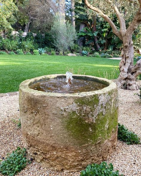 Cottage Garden Water Features, Trough Fountain Diy, Mediterranean Garden Water Feature, Stone Fountains Outdoor, Limestone Fountain, Water Spouts, Water Sound, Low Water Gardening, Water Is Life