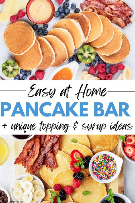 easy at home pancake bar for brunch Breakfast Bar Buffet, Pancakes Brunch Ideas, Pancake Waffle Bar, Breakfast Birthday Party For Adults, Brunch Ideas For Work Party, Pancake Buffet Ideas, Hot Breakfast Buffet Ideas, Brunch Bday Party Ideas, Christmas Brunch Bar Ideas