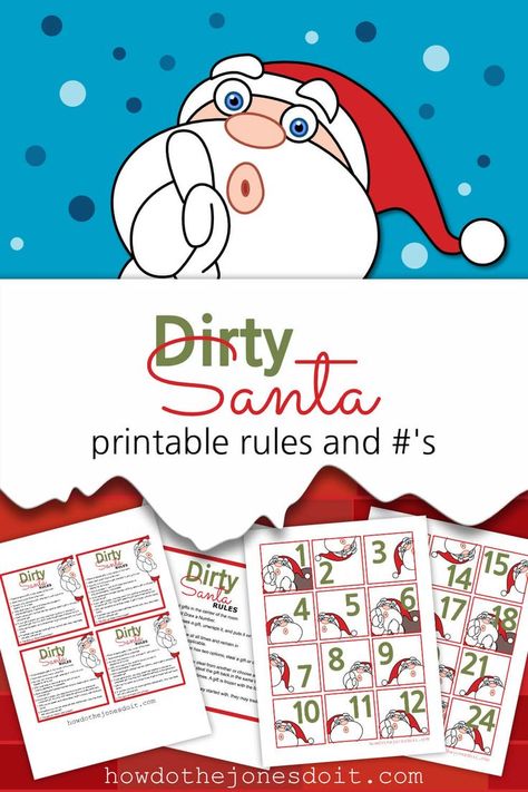 Unlike the White Elephant gift exchange, Dirty Santa gifts are usually items the recipients will want and use. Use our Dirty Santa Rules And Numbers to add an extra special touch to your Christmas Party! #DirtySanta #DirtySantaRules #DirtySantaPrintables #DirtySantaNumbers via @howdothejonesdo Dirty Santa Rules, Christmas Games Gift Exchange, Christmas Games Printables, Dirty Santa Gift Ideas, Dirty Santa Gift Exchange, Christmas Gift Exchange Party, Advent Calendar Numbers, Santa Christmas Party, Christmas Game Ideas