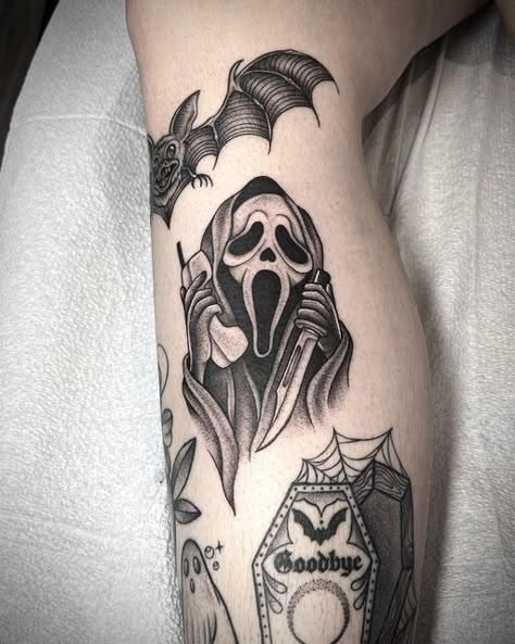 Horror Patchwork Tattoo Sleeve, Goth Inspired Tattoo, Cool Spooky Tattoos, Halloween Patch Work Tattoo, Horror Movies Tattoos Ideas, Dark Spooky Tattoos, Ghostface Thigh Tattoo, Ghost Arm Tattoo, Spooky Leg Tattoos