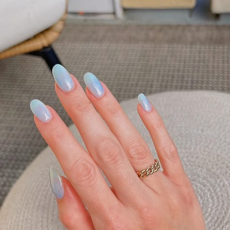 Blueberry Milk Nails! With a delectable blend of pastel hues, this delicious trend is capturing everyones eye so I wanted to do my own take. With my Nail Thoughts gel colors, you can achieve this enchanting look for an effortless fresh look for the spring or summer time! Your nails will shine with the luminous glow of your dreams ✨💙 #gelnails #gelnaildesign #trending Blueberry Milk Nails Chrome, Blueberry Milk Nails 2023, Milky Blueberry Nails, Nail Blue Pastel, Blue Neutral Nails, Milk Blue Nails, Blueberry Milk Nails Sofia Richie, Nail Blue Design, Trending Blue Nails