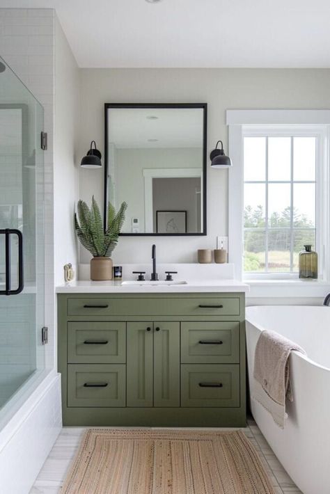 Sage Bathroom Paint Colors, Olive Green Bathroom Cabinets, Vintage Green Bathroom Vanity, Bathroom Vanity With Black Hardware, Safe Green Bathroom, Small Bathroom Green, Bathroom Green Vanity, Vanity With Black Hardware, Sage Bathroom Ideas