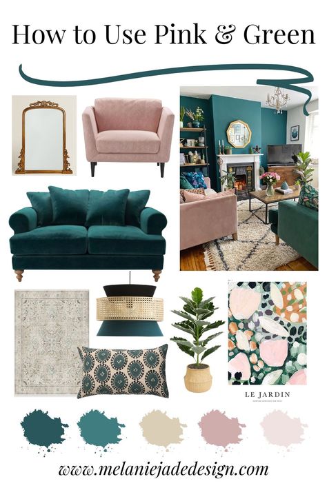 How to use pink and green in interior design mood board Green And Pink Lounge Ideas, Green And Pink Sitting Room, Green And Pink Living Room Color Scheme, Green Sofa Pink Walls, Green And Pink Living Room Ideas, Pink And Green Living Room Decor, Emerald Green Sofa Living Room Ideas, Green Pink Living Room, Pink Green Room