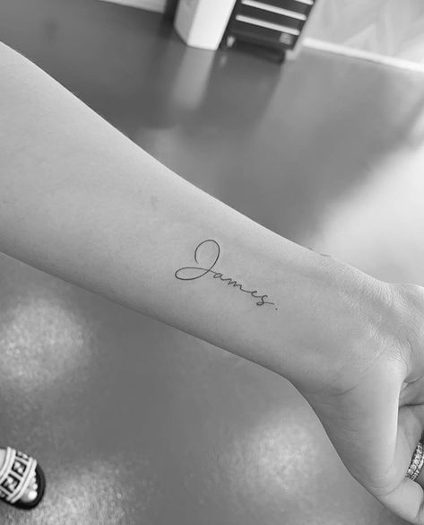 @fine.line.tattoos Fine Name Tattoo, Names Tattoo Ideas For Women, Fine Line Name Tattoo, Line Script Tattoo, Fine Line Script Tattoo, Small Name Tattoo, James Tattoo, Fine Tattoo, Tattoo Artists Near Me