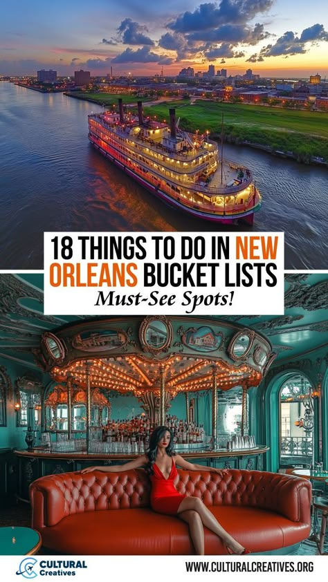 A steamboat cruising along the river at sunset and a woman in a red dress seated in a luxurious bar setting highlight the unique experiences featured in "18 Things to Do in New Orleans Bucket Lists. Mississippi River Steamboat, Bucket List New Orleans, Nola New Orleans, To Do In New Orleans, New Orleans At Christmas Time, Fun Places To Go In New Orleans, New Orleans St Patricks Day, New Orleans Must See, Best New Orleans Hotels