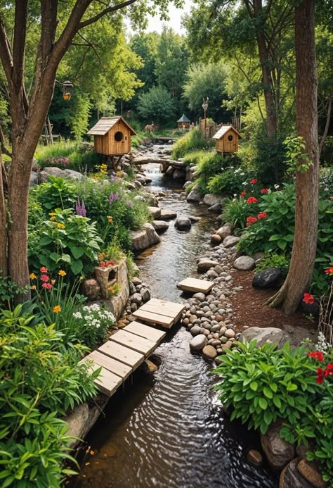 Pond In The Woods, Backyard Streams, Wooded Backyard Landscape, Stream Elements, Backyard Stream, Garden Stream, Oasis Backyard, Garden Pond Design, Serene Garden