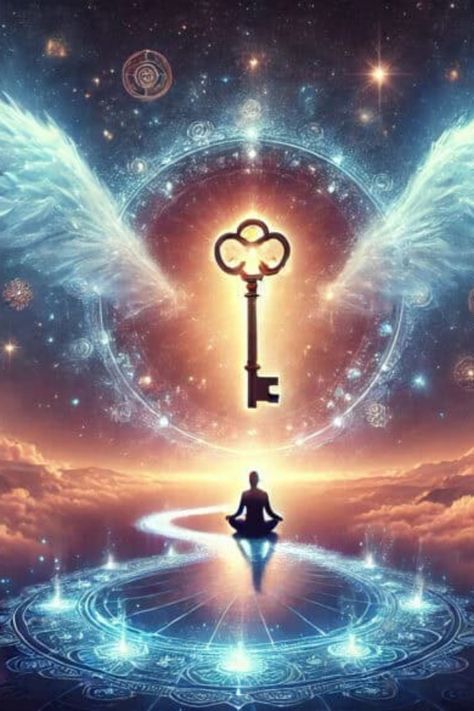 Person meditating beneath a glowing key and angel wings in a mystical, cosmic setting. Divine Wisdom, Spiritual Pictures Universe, 1111 Manifestation Portal, 11/11 Portal Manifestation, Angel Images Spiritual, Spiritual Dimensions Universe, Universe Quotes Spirituality, Awakening Art, Signs From The Universe