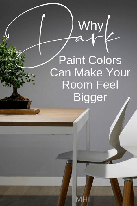 It’s true that dark colors can recede and light colors can expand but, there are a few tricks that actually make a small room feel bigger with paint. Here’s a few things to keep in mind that really helped Sandy embrace her bold wall color choice... #darkwalls  #darkwallpaint #smallroompaint #paintcolorsarehardtochoose #moodyinteriors  #darkinteriors Dark Colours Small Rooms, Accent Wall Colors To Make Room Look Bigger, Best Colour For Small Living Room Wall Colors, Bold Paint Colors For Small Rooms, Painting Small Rooms Dark Colors, Small Dining Room Dark Walls, Paint To Make Room Look Bigger, Bedroom Paint Colors Dark, Small Room Paint Color